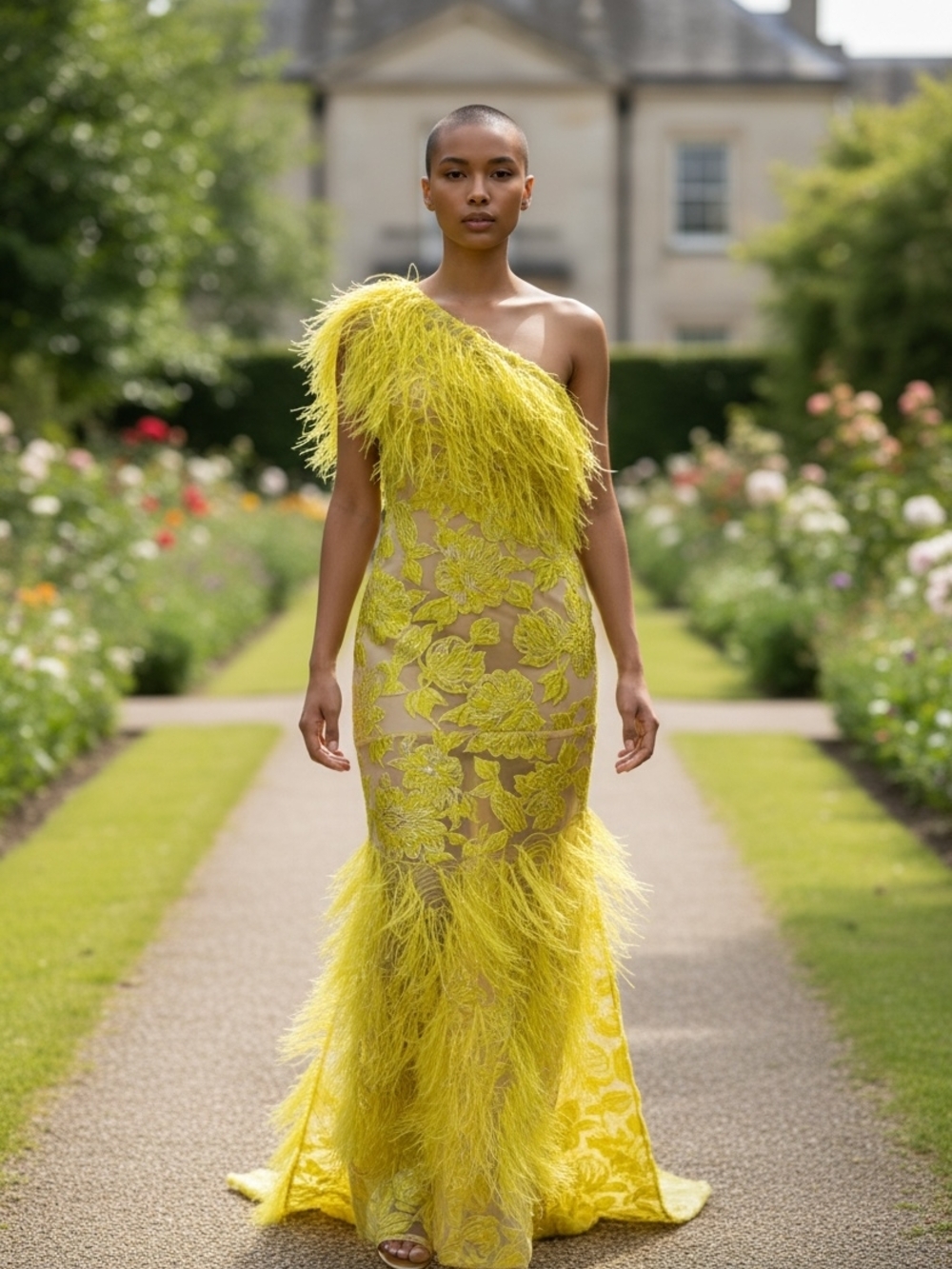 One-Shoulder Lime Feather Embellished Evening Gown